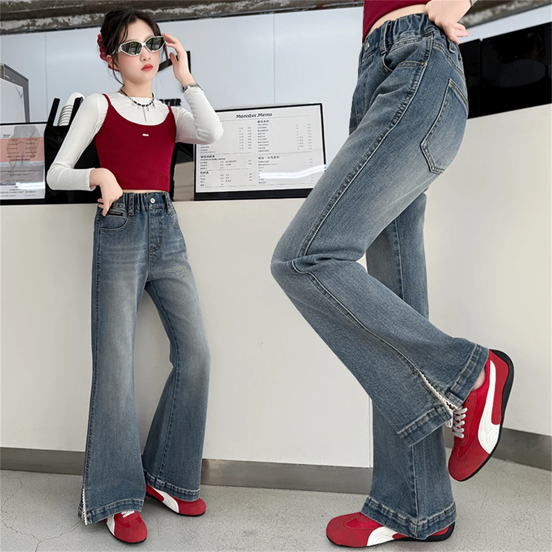 女童裤子牛仔喇叭裤春秋装新款中大童韩版洋气微喇裤秋季弹力裤潮