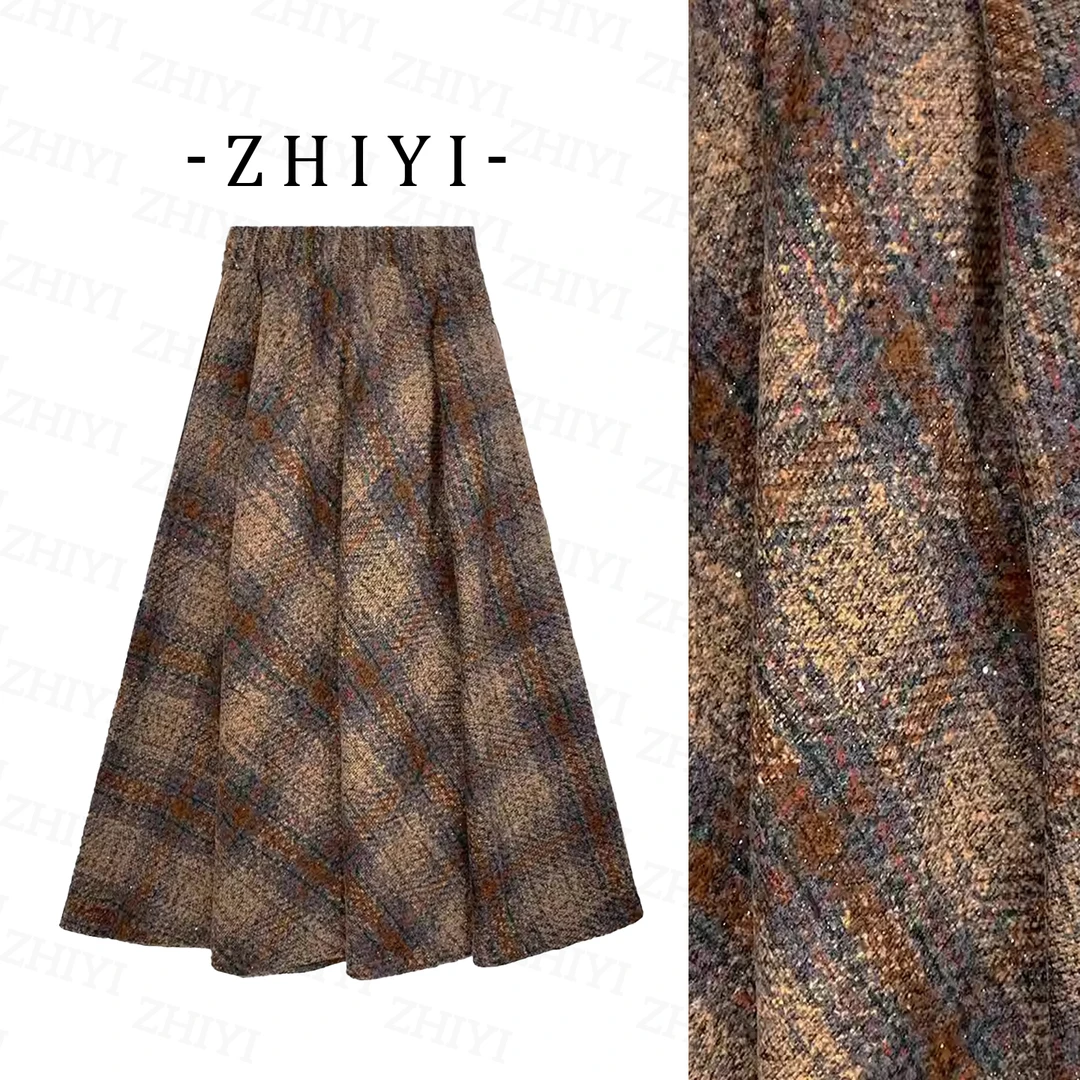 【二个裙长+加厚】2025秋冬季新款美拉德复古咖色大摆格纹半身长裙