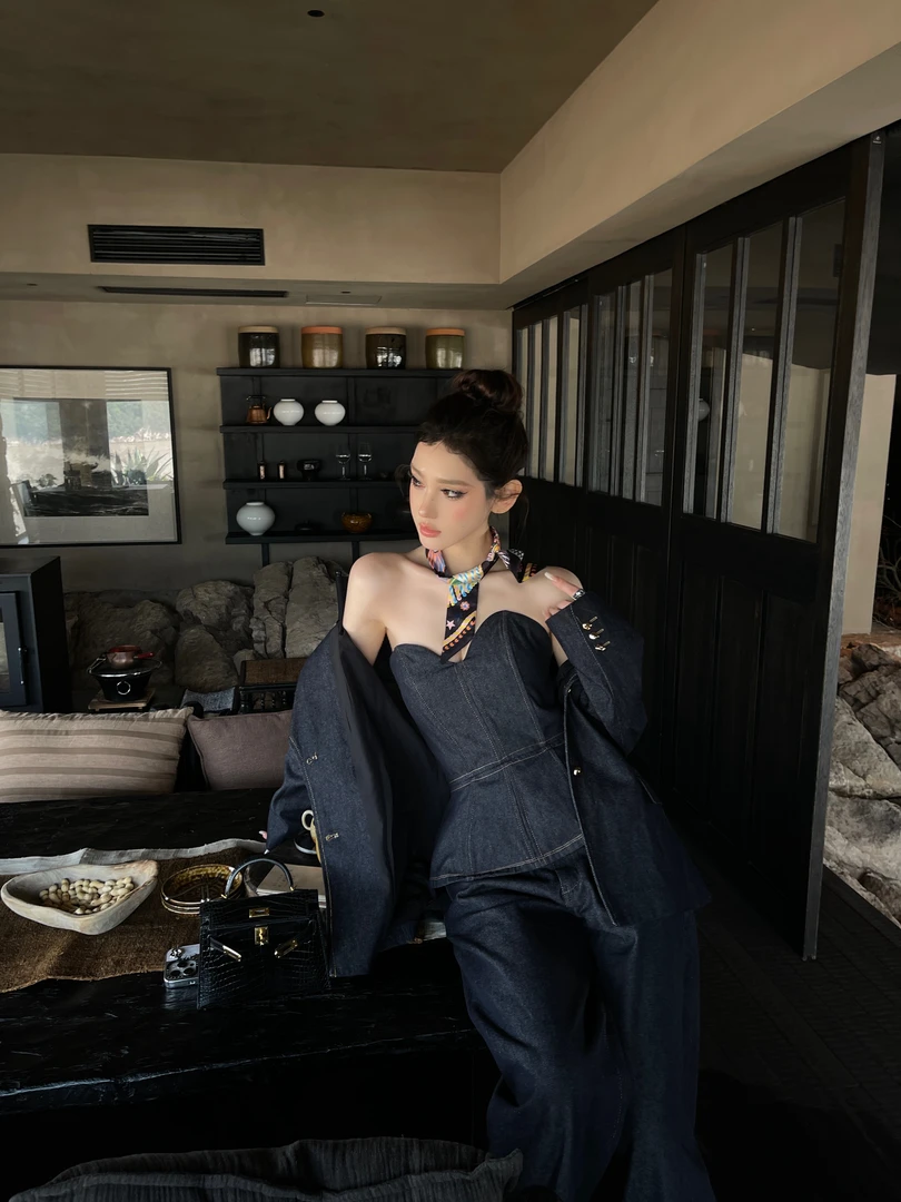 ChiclyNana  欧美风辣妹穿搭套装牛仔西装外套牛仔背心长裤三件套