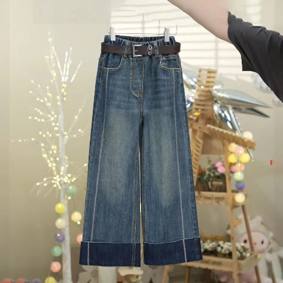 女童牛仔裤2025新款洋气秋季新款中大童松紧腰网红爆款牛仔阔腿裤