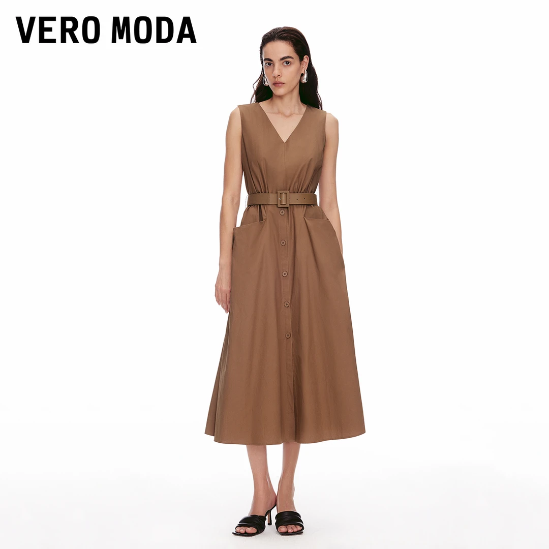 Vero Moda连衣裙2025夏日穿搭新款V领捏褶同色腰带长裙32527A054