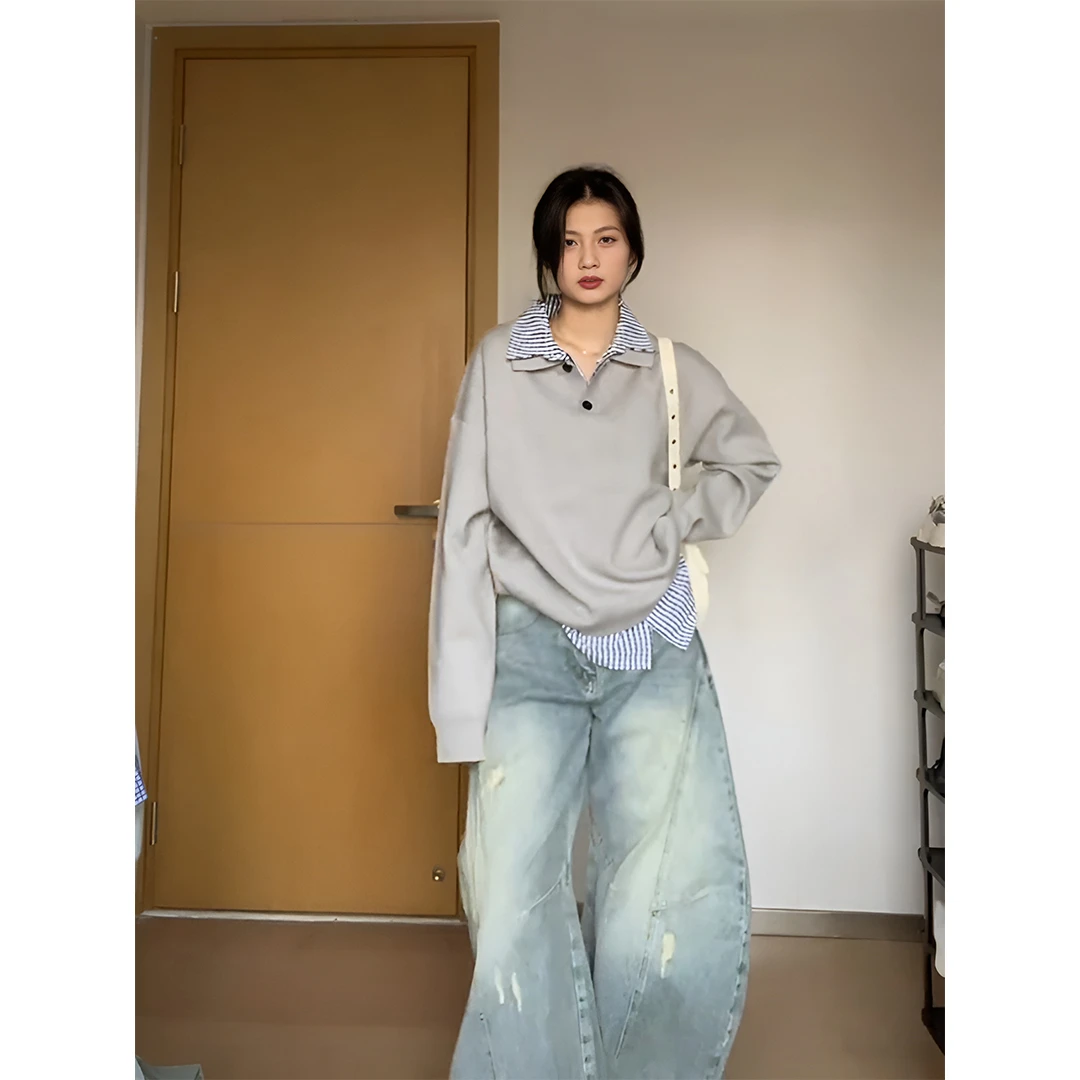 YWBY韩系开春假两件格纹拼接学院风长袖翻领纽扣卫衣女慵懒上衣