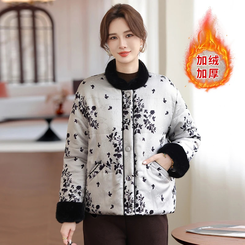 冬装女立领短款棉服加绒加厚印花棉衣中老年妈妈保暖棉袄外套