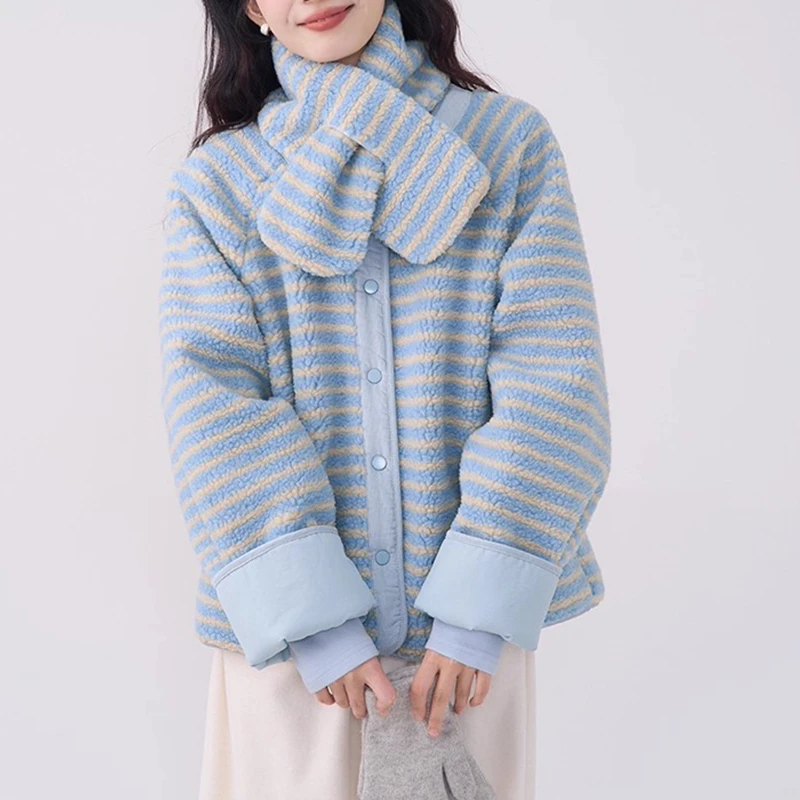 2025双面穿条纹羊羔毛棉服外套女韩系chic保暖短上衣冬季潮流