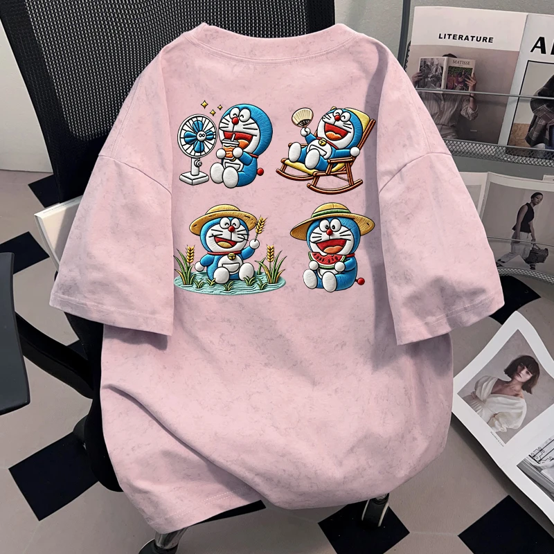 Dekkry国潮小众卡通哆啦A梦印花夏季扎染纯棉短袖t恤男女情侣上衣