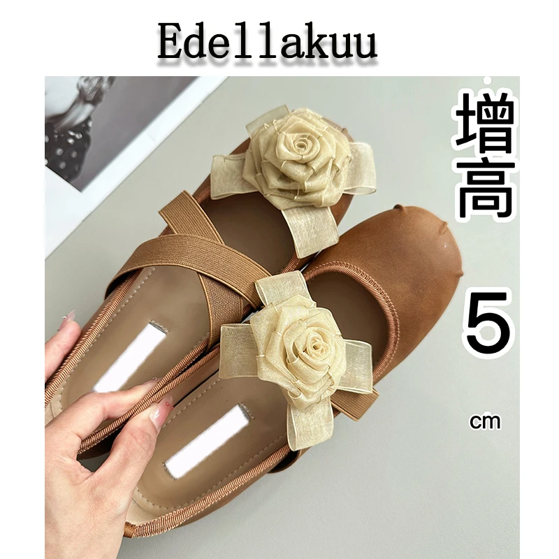 Edellakuu增高5cm山茶花交叉带猪芭蕾鞋女外穿百搭圆头软底公主鞋