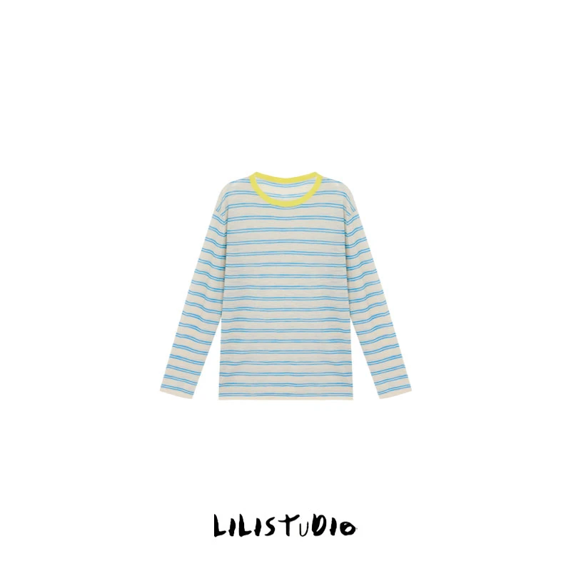 「活力条纹」不理理夏季新款女装撞色条纹清新长袖圆领女款t恤