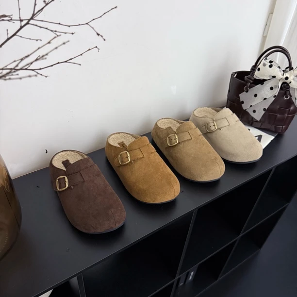 休闲风加绒百搭勃肯鞋2025秋冬新款厚底金属皮带扣一脚蹬包头拖