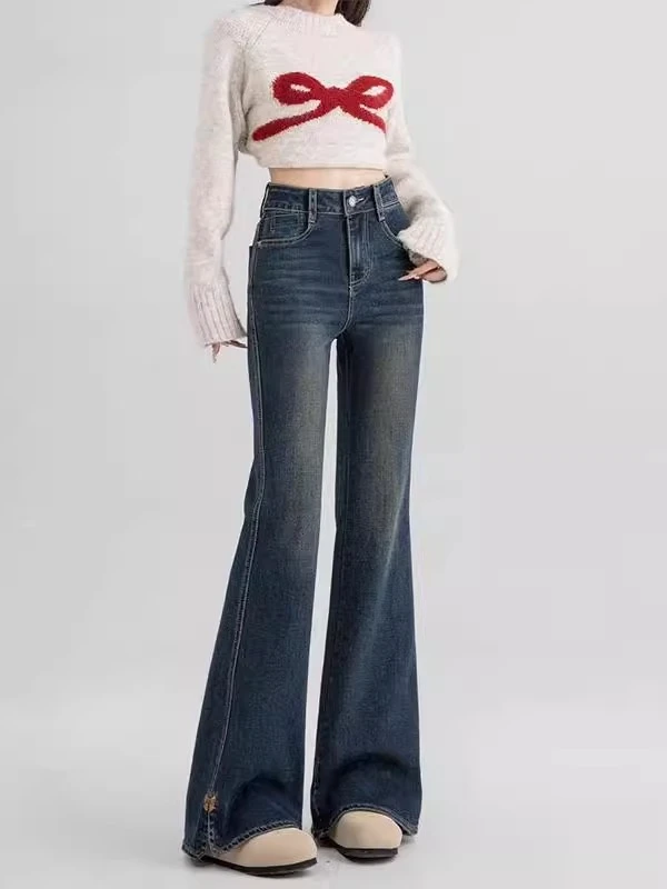 2025新款侧开叉微喇牛仔裤女秋季美式高腰显瘦复古百搭马蹄喇叭裤