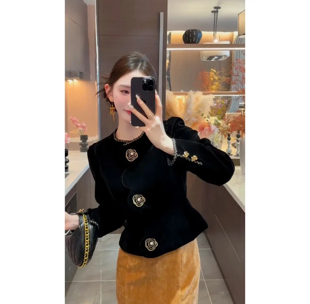 周粥铭顺-【黑玫瑰】2025新款中式复古丝绒金线刺绣外套JJQ5WT5947