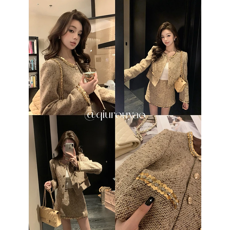 【QIUROUYAO】邱肉瑶 华丽绮梦*奢贵鎏金粗花呢小香风外套半裙套装
