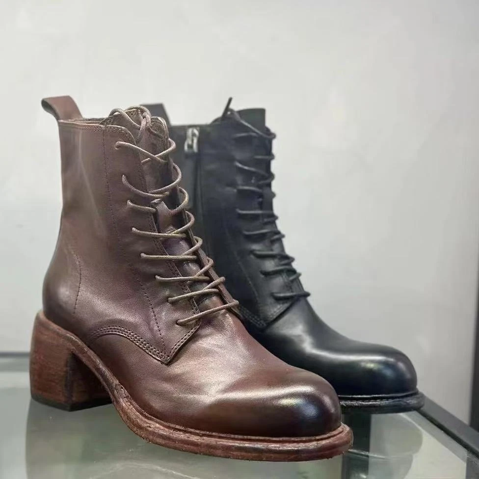 0071-8 系带中筒靴靴子短靴女靴方头粗跟