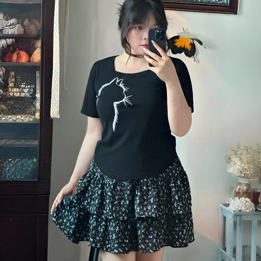 夏季套装女2025爆款大码胖mm显瘦宽松黑色印花T恤复古碎花半身裙