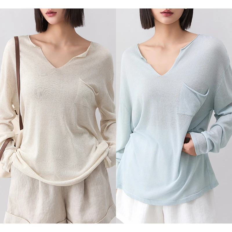 K姐KSOEUR【轻氧纸片人】简约松驰 卷边立体口袋 天丝亚麻针织衫