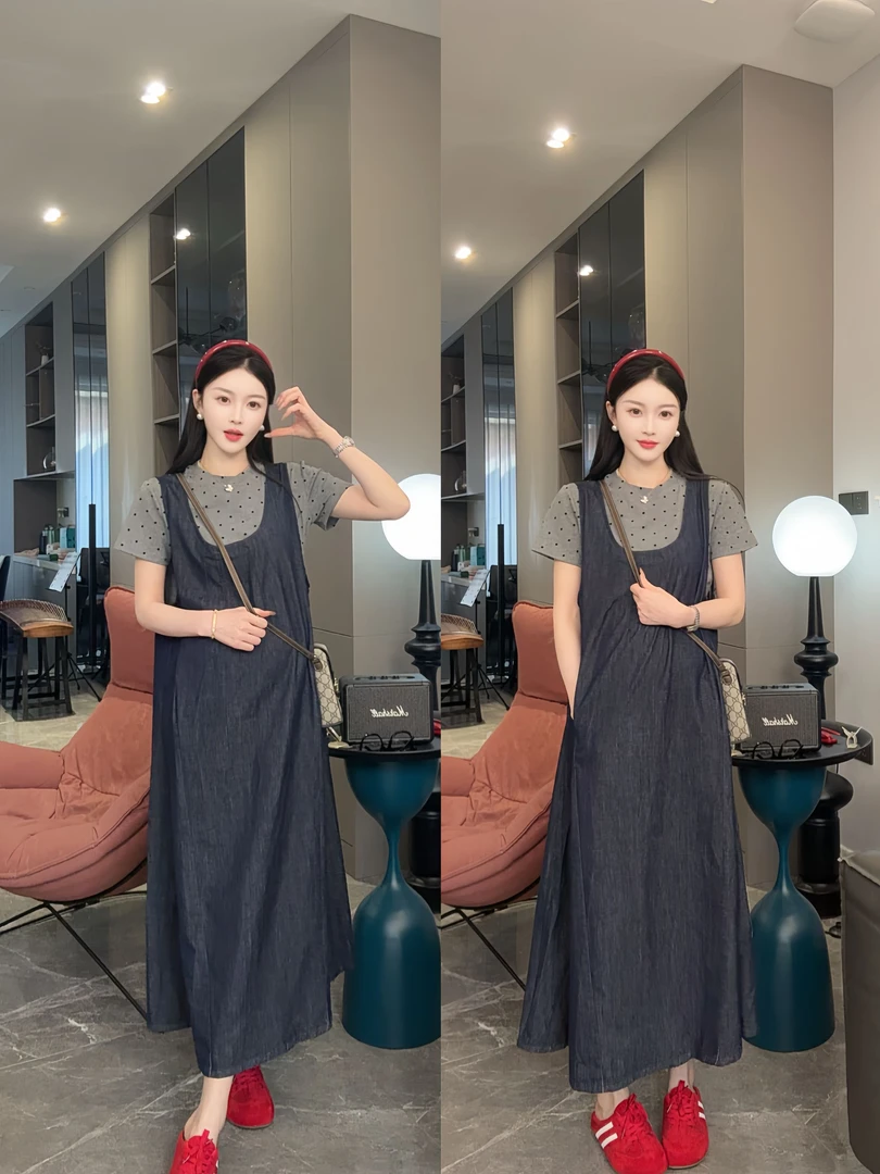 孕妇套装2025新款春夏季时尚宽松大码洋气休闲减龄孕妇牛仔背带裙