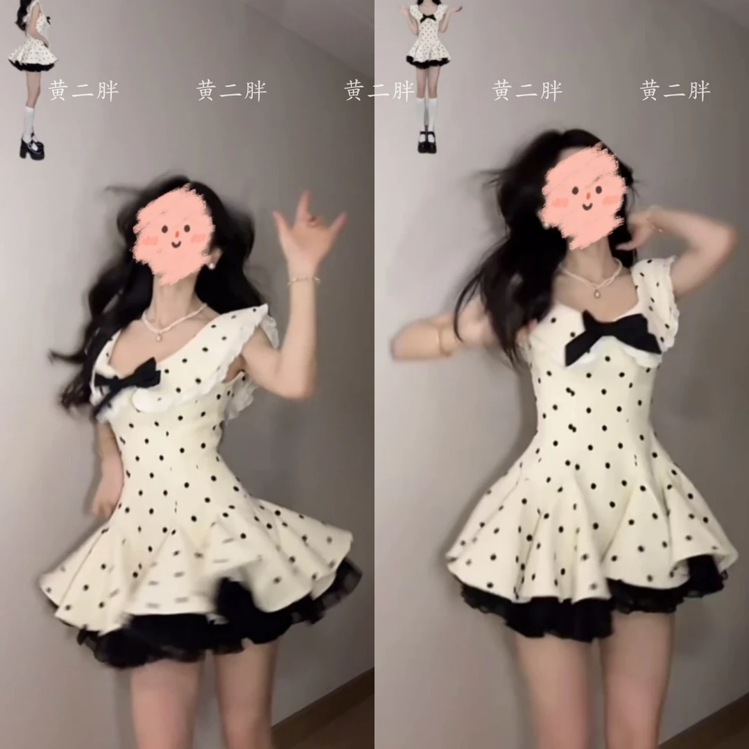 波点蝴蝶结娃娃领连衣裙女富家千金感气质收腰裙2025夏季新款短裙
