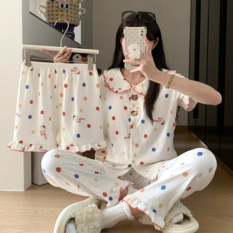 新款带胸垫三件套睡衣女夏季短袖可爱甜美开衫卡通波点家居服套装