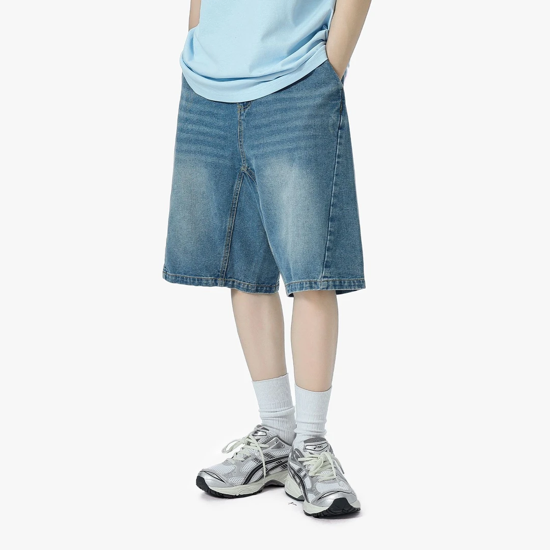 日系复古做旧水洗牛仔短裤男cityboy宽松直筒五分裤 MN23007