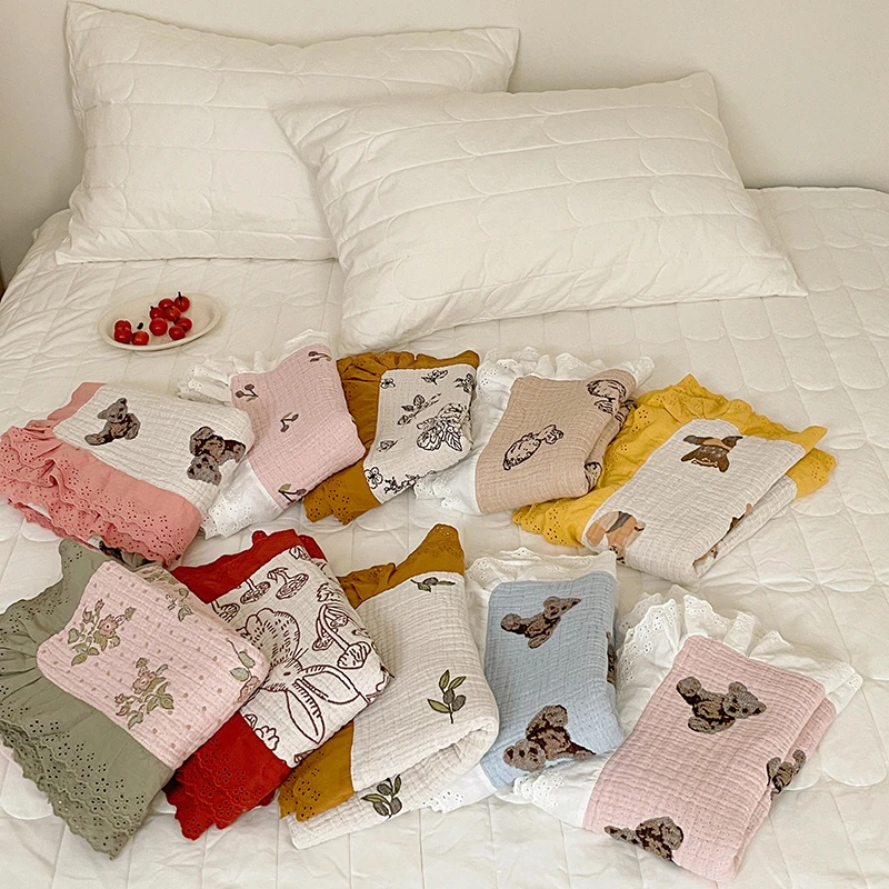 全棉四层纱布纱布枕巾小清新韩系风布花边款透气加厚枕头巾家用