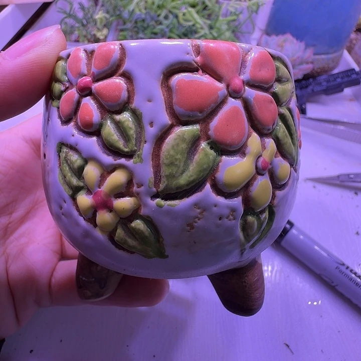 盆9，带脚浮雕圆盆一个，闲置处理不介意的拍！