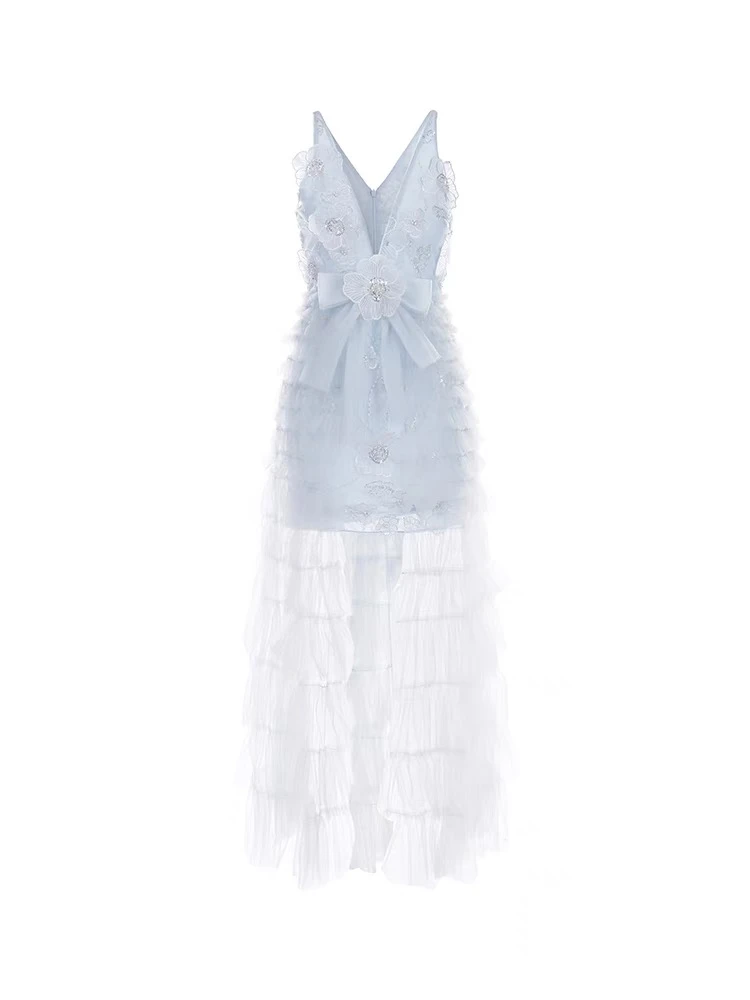 XUAN /【雾入梦境】高定重工轻纱花朵亮片蓝色礼服吊带连衣裙