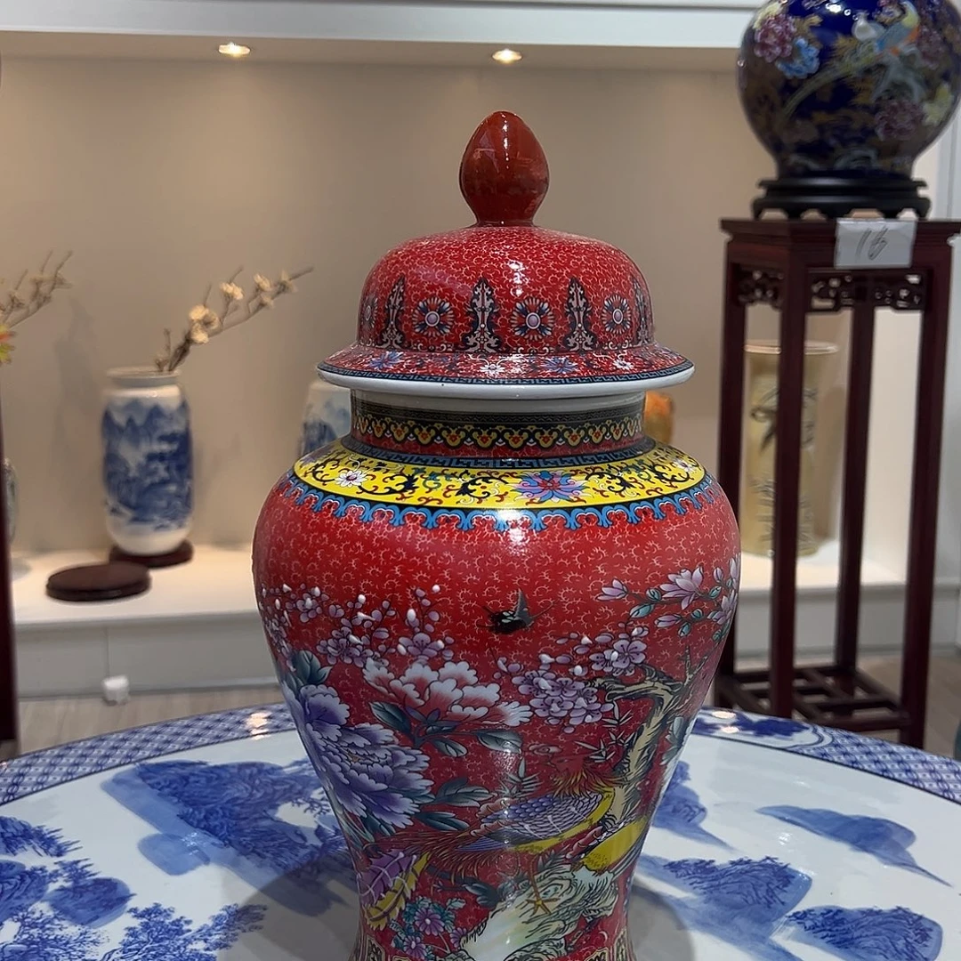 德***珠摆件两个带盖40cm红花鸟将军罐