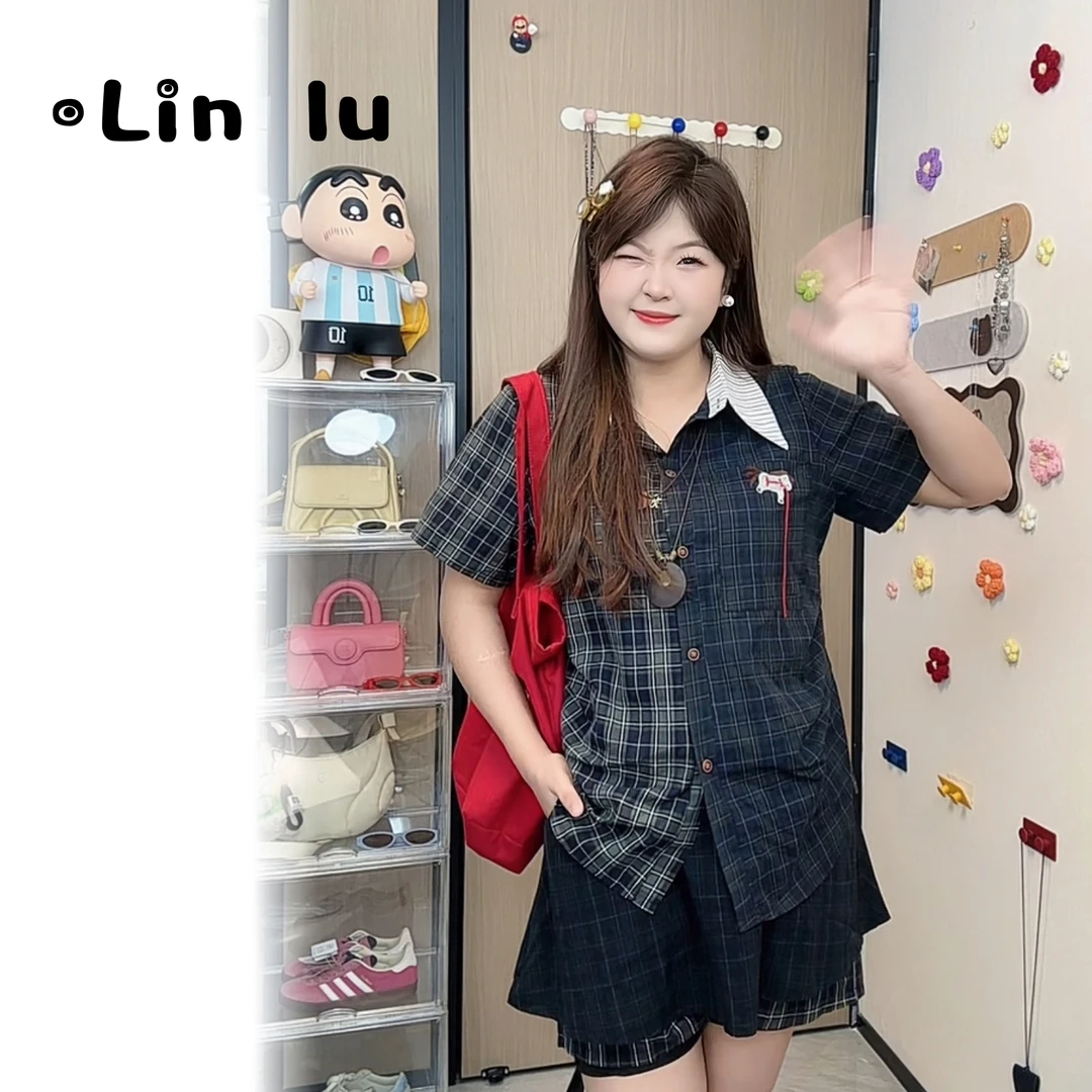 【鹿鹿专属】大码夏季撞色拼接格纹衬衫显瘦半身裙两件套 L6722
