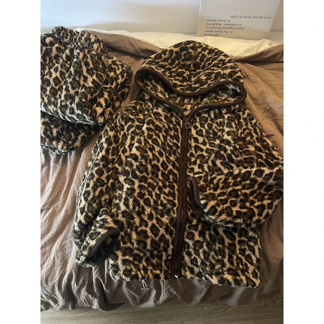 复古豹纹法兰绒连帽睡衣女秋冬季保暖加厚长袖长裤大码家居服套装