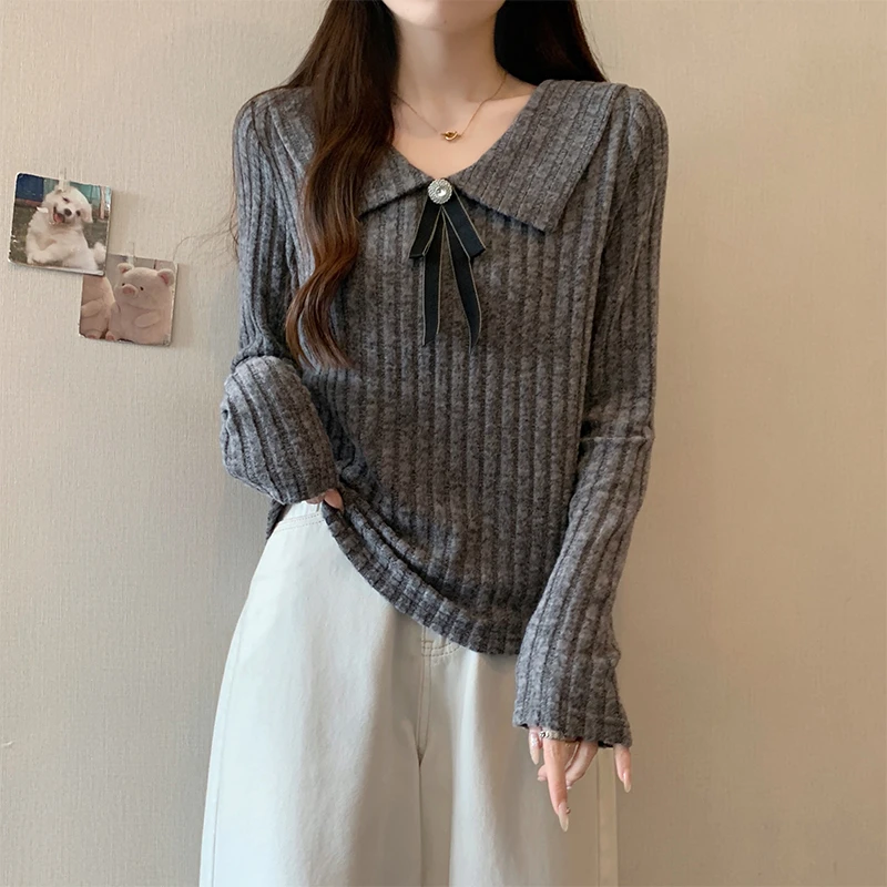 娃娃领蝴蝶结长袖T恤女秋季大码女装微胖MM修身显瘦针织小衫上衣