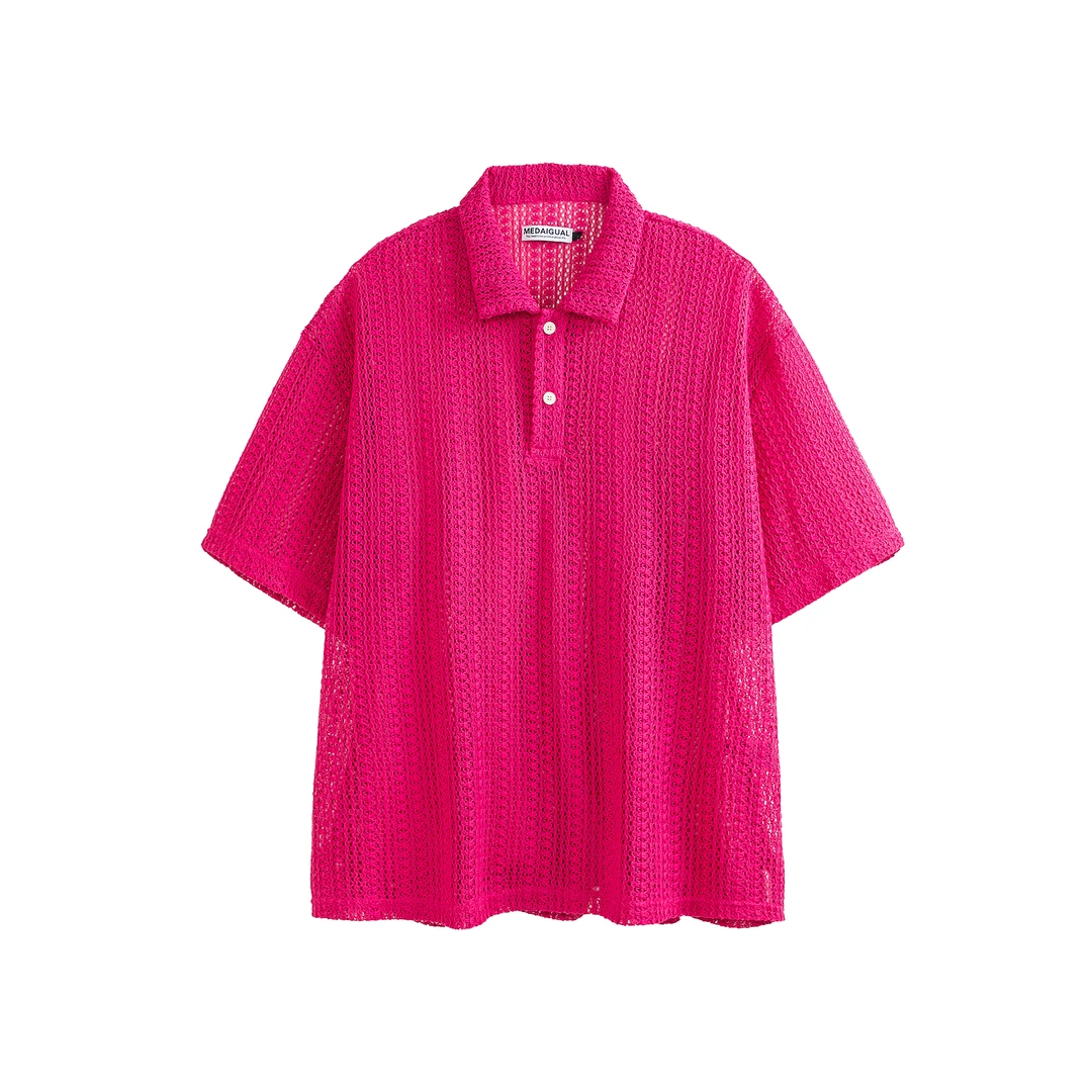 Medaigual镂空编织肌理感玫粉色翻领男街头滑板宽松短袖T恤