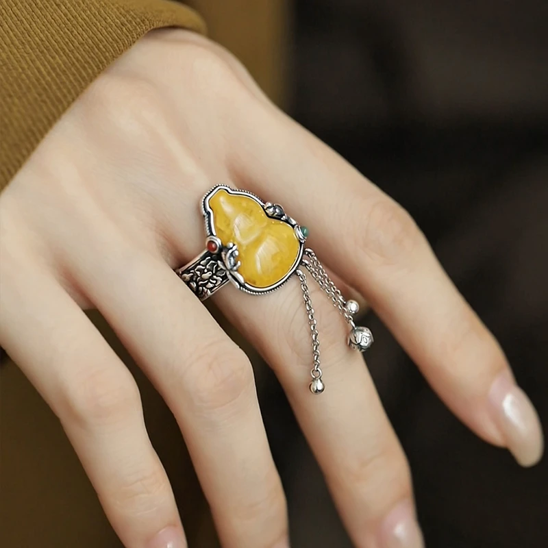 J13501<晶贵坊3>足银蜜蜡葫芦南红牡丹凤凰做旧戒指复古银戒多样