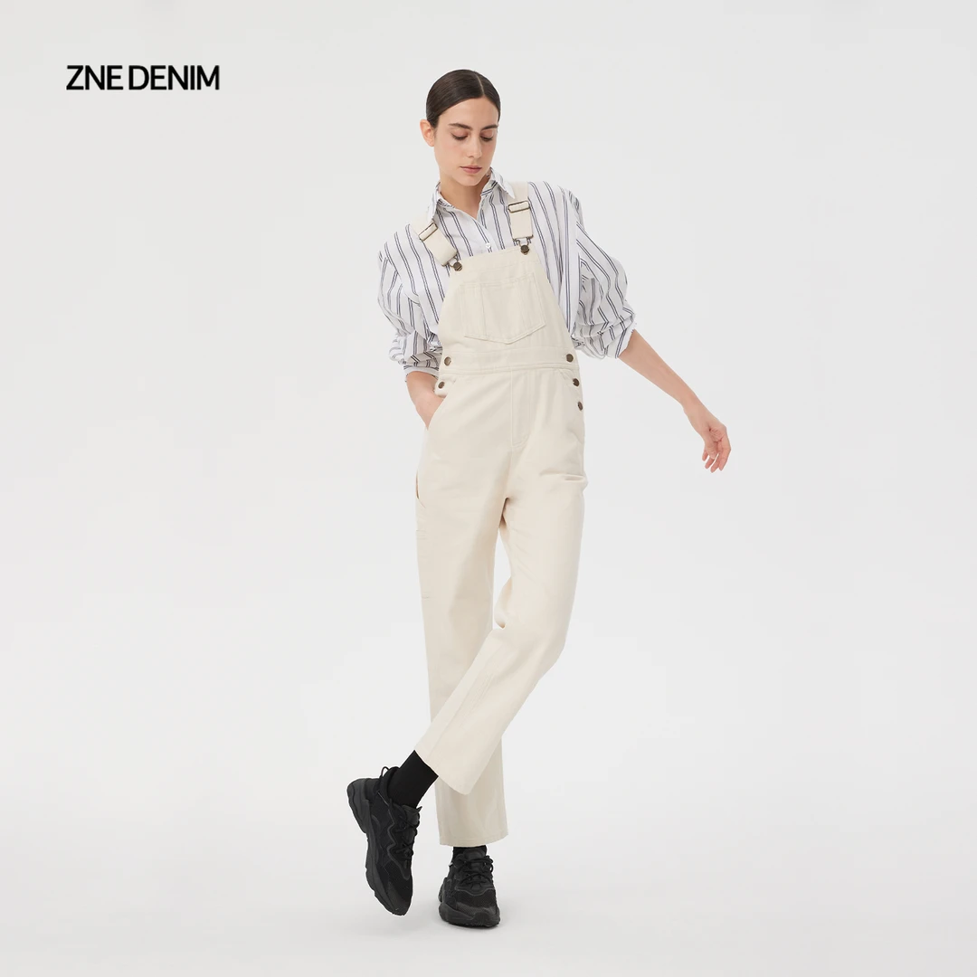【会员特惠】ZNEJeans 有机棉米白胚布色复古直筒牛仔背带裤女831