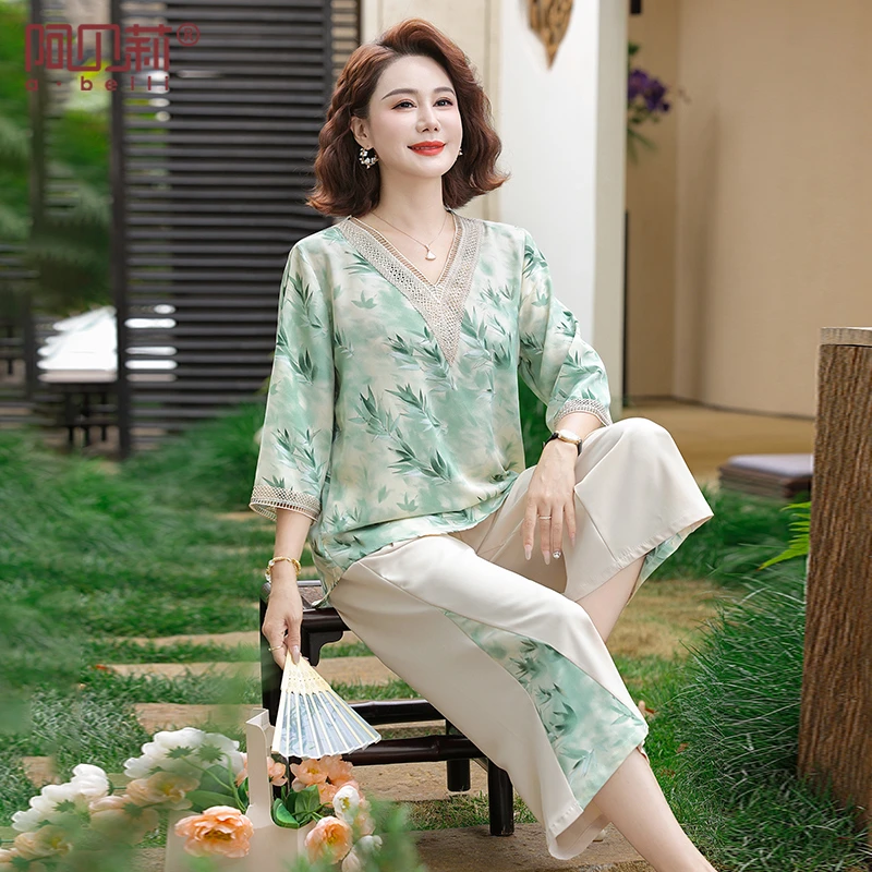 时尚妈妈夏装气质减龄套装洋气上档次女装宽松遮肚透气雪纺两件套