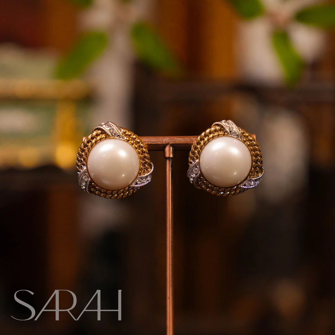 纯铜仿珍珠耳饰 DearLisa.精工系列 双色圆形编织镶钻 银针耳钉