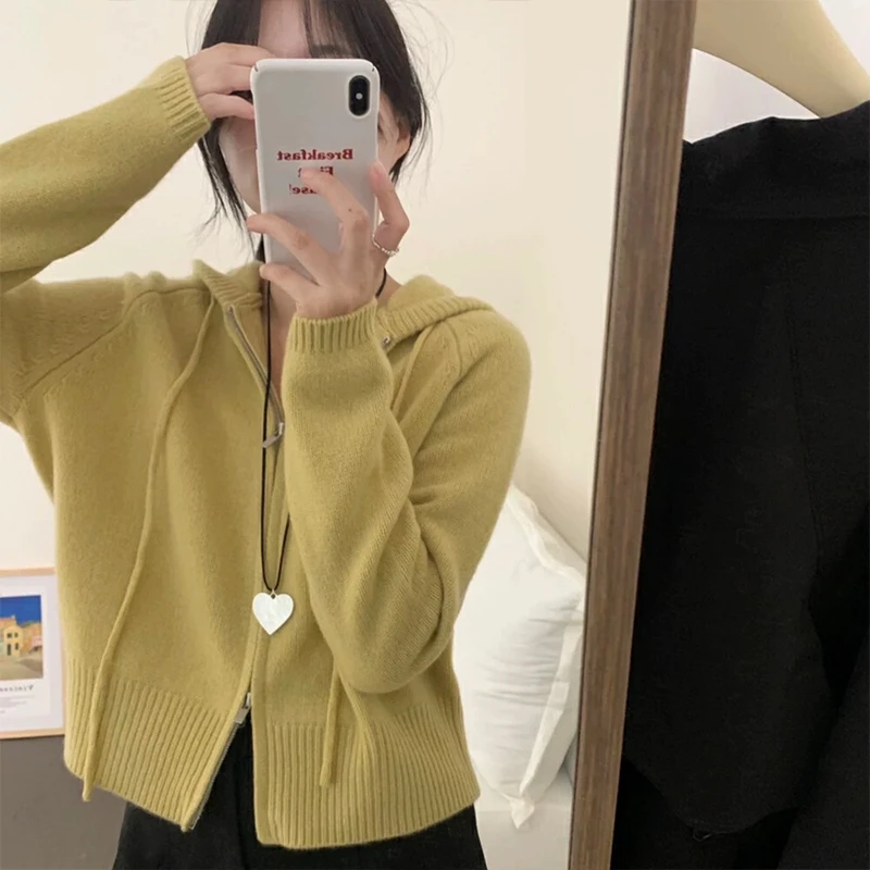 【鹅黄帽衫】双拉链连帽针织开衫