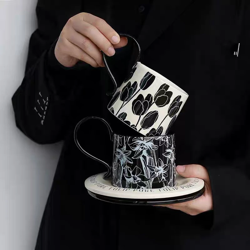 【支点佳居】法式复古风咖啡杯碟套装高颜值下午茶杯设计感陶瓷杯子