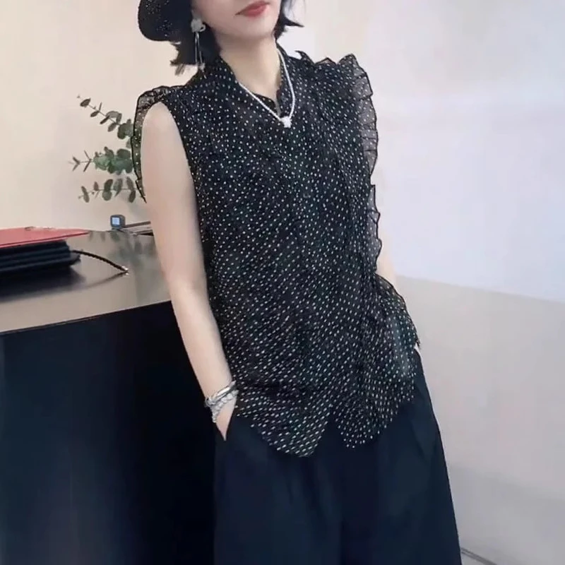 法式复古气质波点飞飞袖衬衫女2025夏季新款百搭显瘦无袖上衣小衫