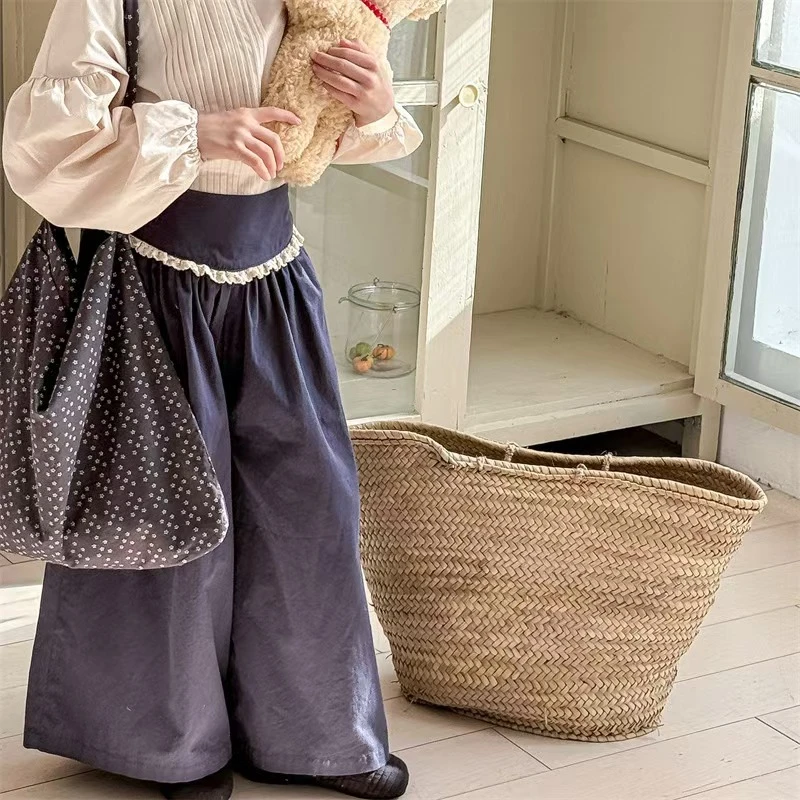 韩版女宝春秋休闲裤花边夏季女童裤子复古宝宝小童童装儿童