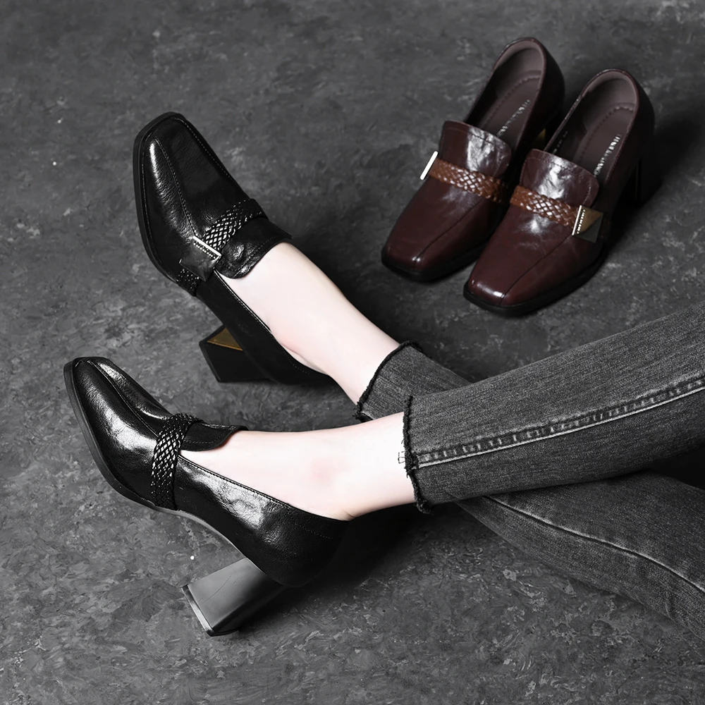 头层羊皮复古粗跟乐福鞋女2025春秋新款皮带扣法式一脚蹬高跟单鞋