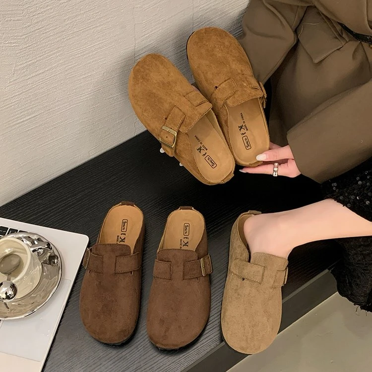 【断码清001-035】新款勃肯半拖软皮软底百搭时尚舒适包头女拖鞋-通