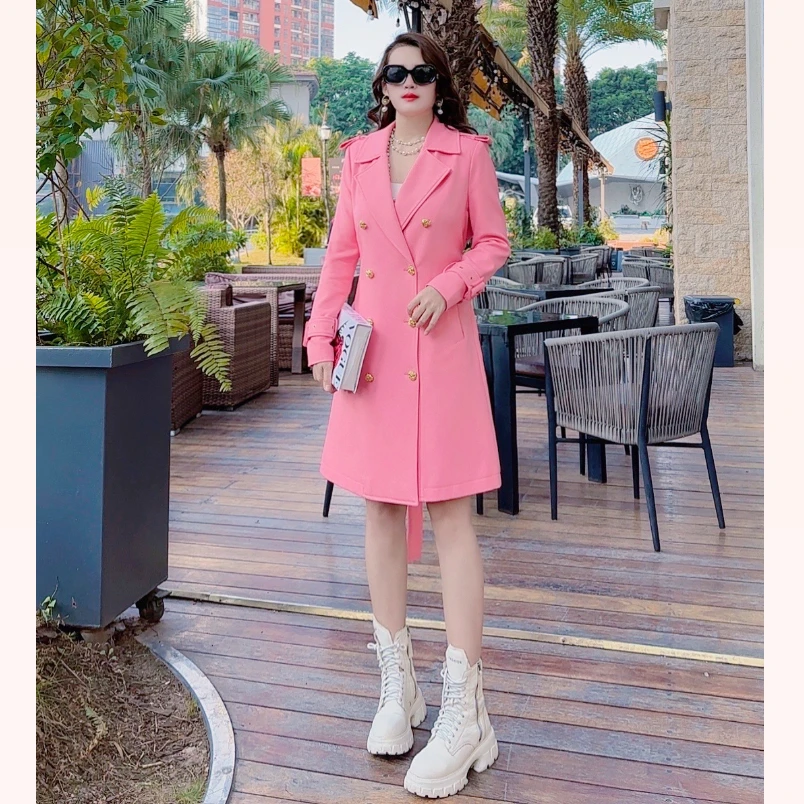 金思思【私服定制】英伦风工装女玫瑰粉色显瘦气质长款风衣外套修身