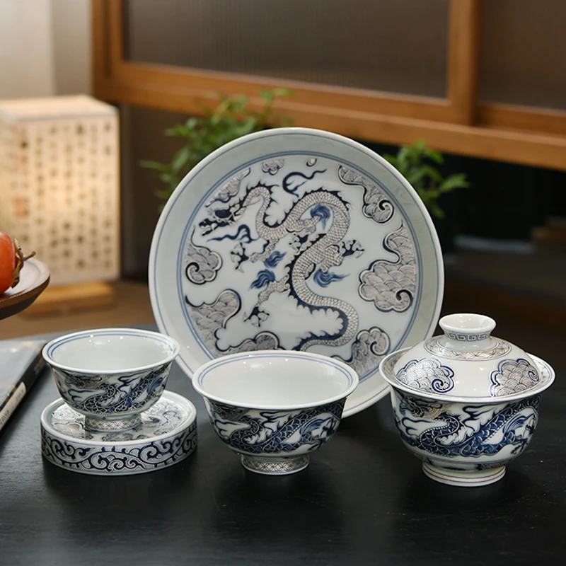 高档复古青花龙纹盖碗主人茶杯陶瓷悬停覆银高级会所专用景德镇