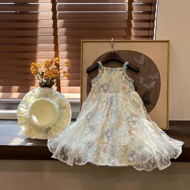 6Y225女童夏款新款花朵吊带连衣裙韩版六一表演服网红公主裙童装