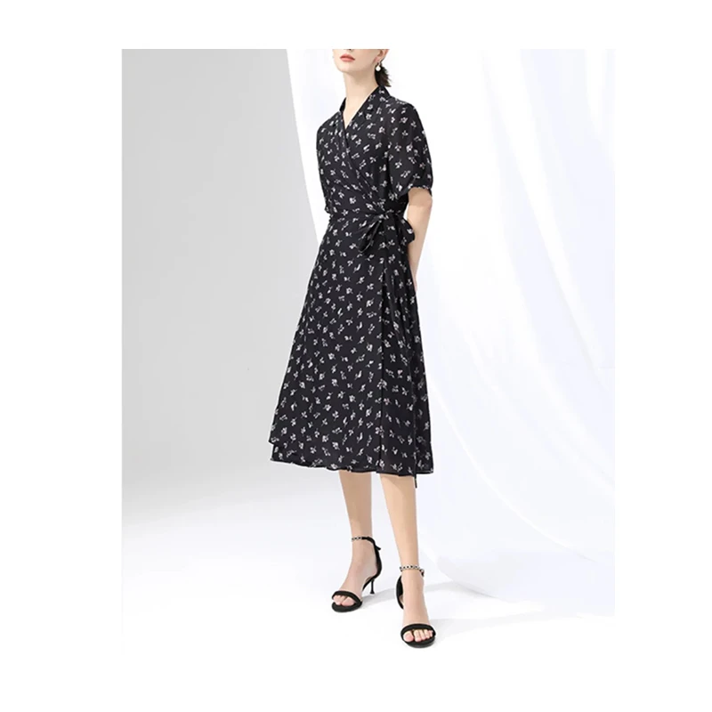 原厂孤品特价清！真丝星星绉裹身V领短袖连衣裙R91