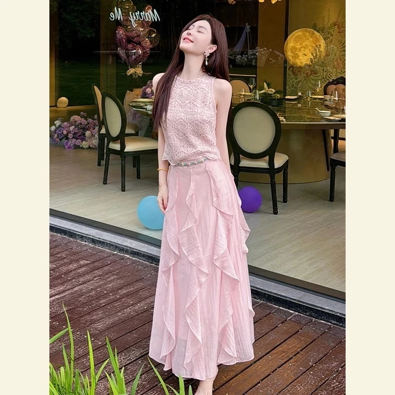 2025夏季大方得体一整套气质富家千金高级感巨好看粉色无袖套装裙
