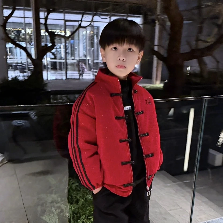 男童冬季红色加厚新年装棉衣2025新款中大童中国风灯芯绒唐装童装