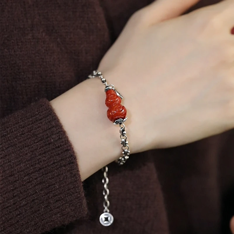 <一禅兄>S925银红翡翠葫芦飞碟珠招米纳福手链复古做旧百搭手环
