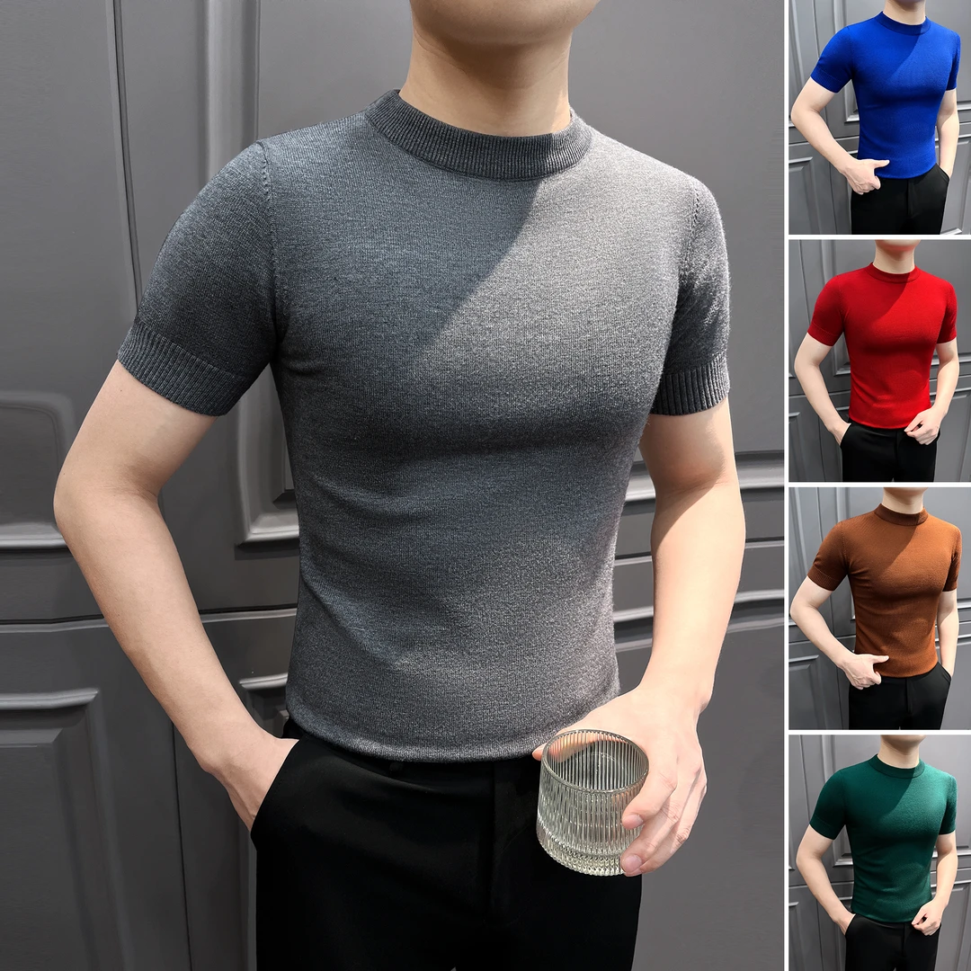 短袖t恤男款爆款2025新款痞帅高级感男装修身内搭针织男士打底衫