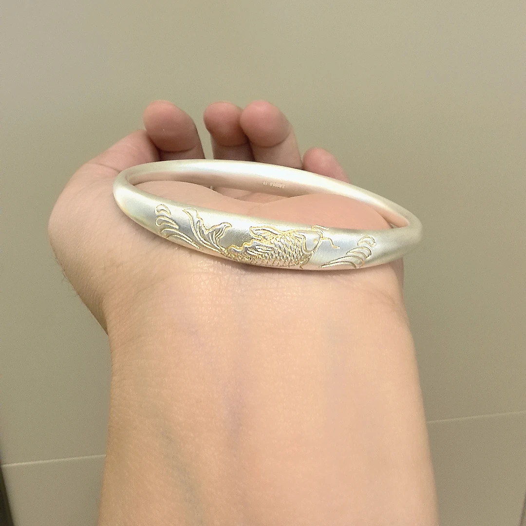 足银手镯 足银999古法描金锦鲤纯银正品大气百搭手镯