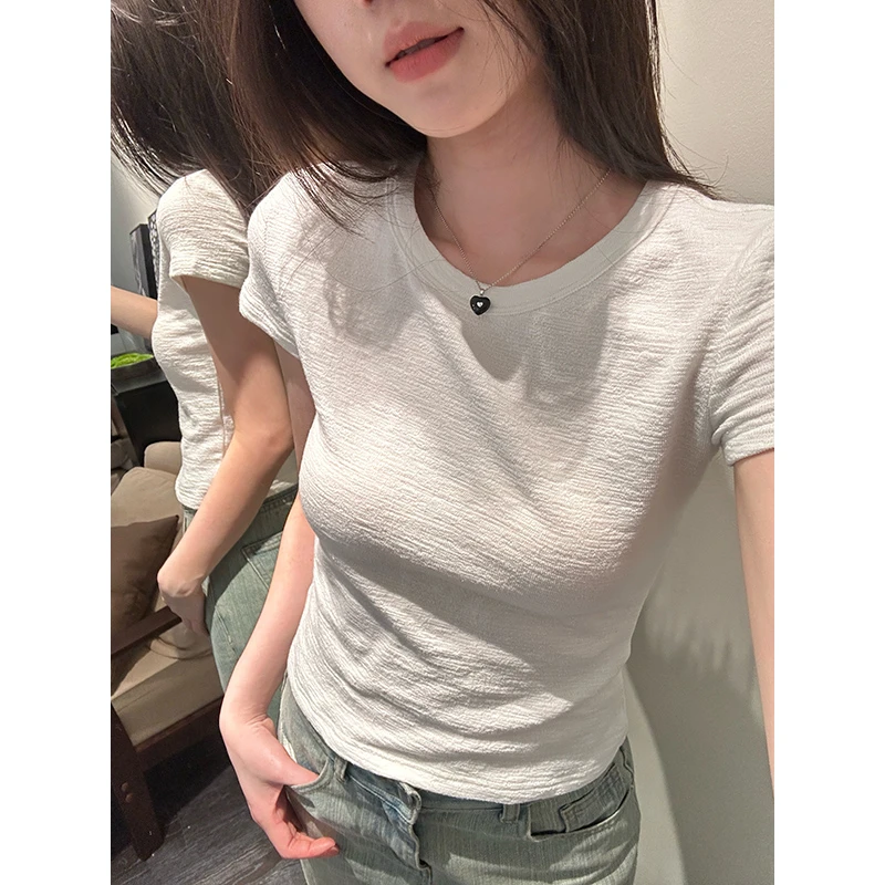 YOKLASS少女家 【清清】白色圆领肌理感短袖T恤短款上衣T17292S42